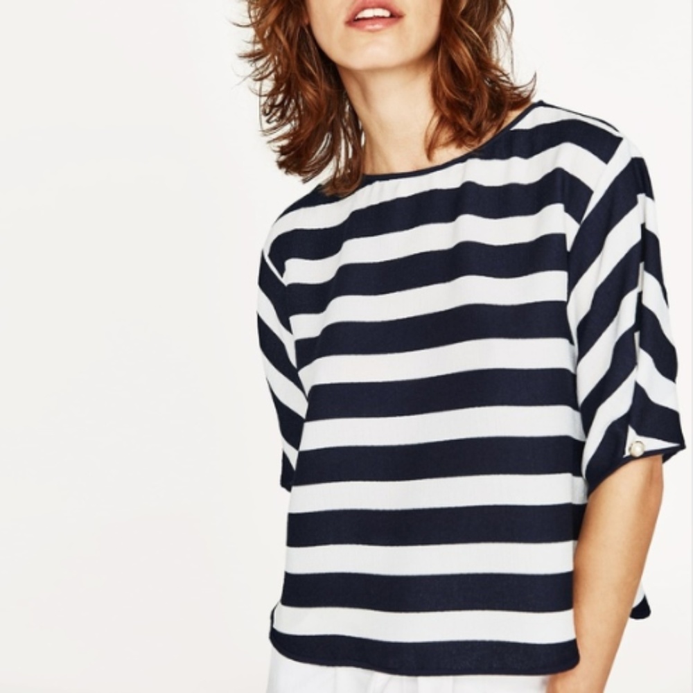 Zara Navy and White Striped Blouse w/ Pearl Sleeve